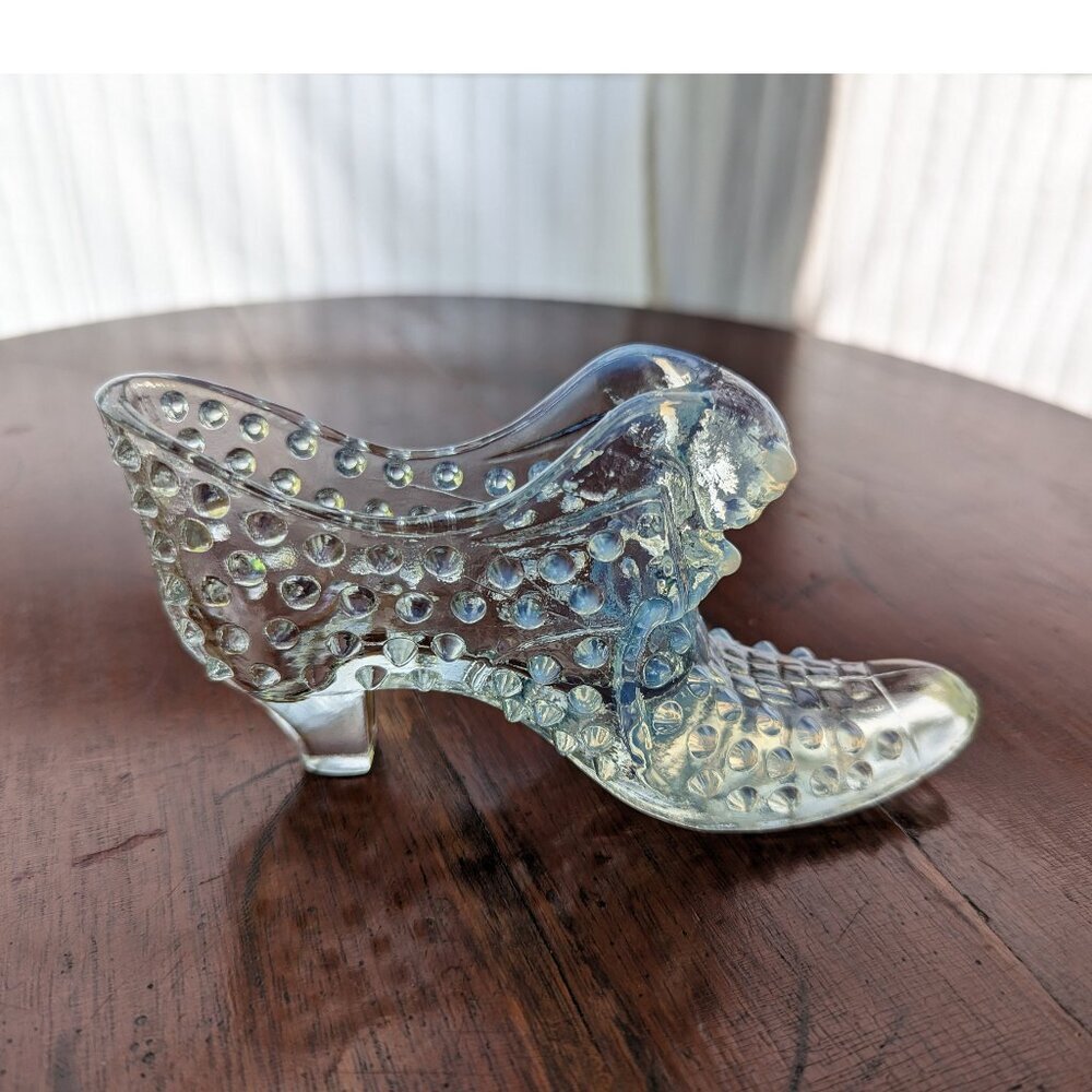 Vintage Fenton opalescent hobnail dress shoe, pearlescent cat head glass slipper